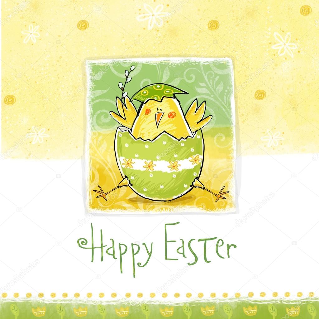 Happy easter greeting card. Cute chicken with text in stylish colors. Concept holiday spring cartoon greeting card.Congratulation with Easter