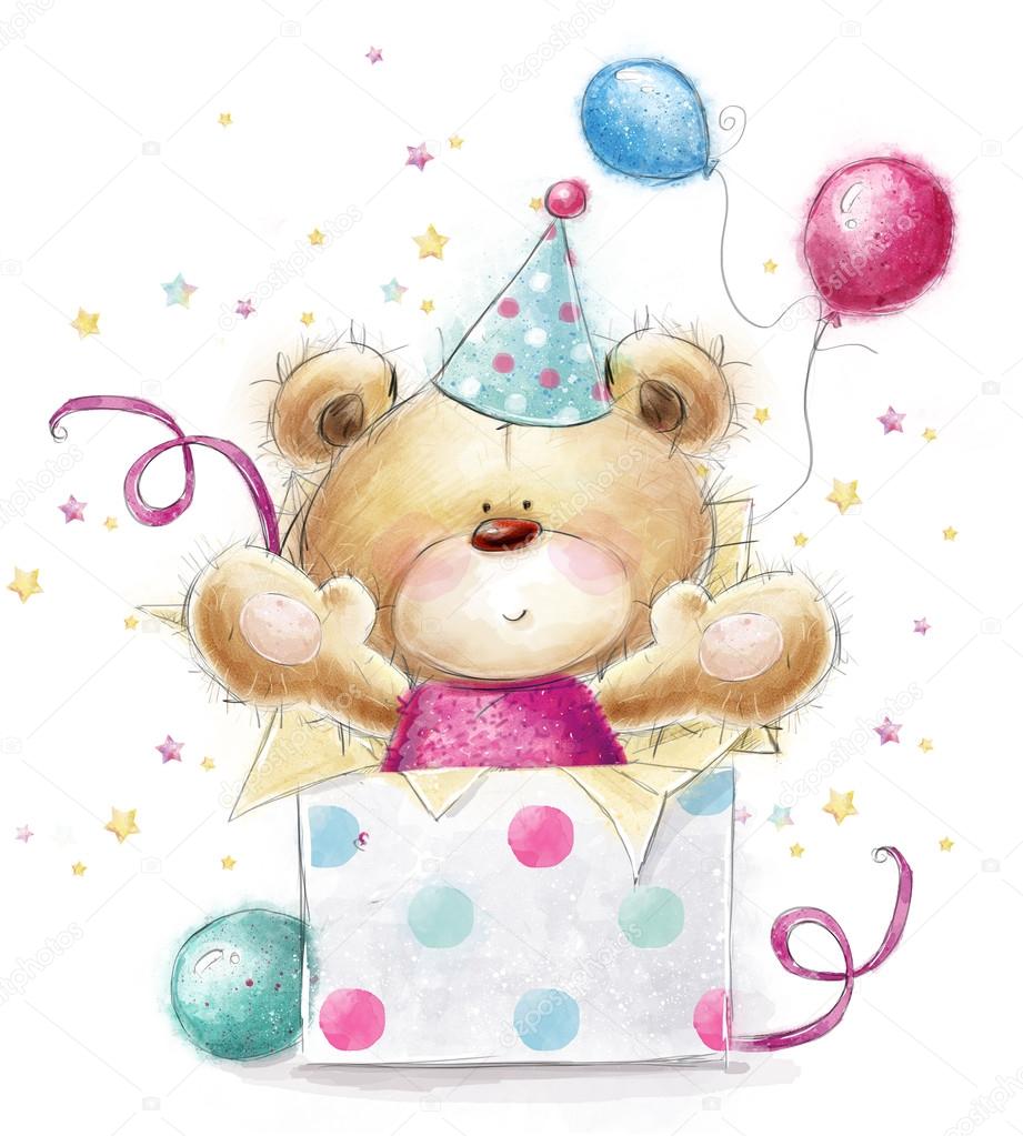 Teddy bear with the gift.Childish illustration in sweet colors.Background with bear and gifts and balloons. Hand drawn teddy bear isolated on white background. Happy Birthday card