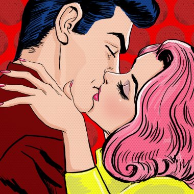 Pop Art öpüşme Couple.Love Pop Art Couple.Pop sanat öpüşme aşk Illustration. Sevgililer günü kartpostal. Hollywood film sahnesi. Gerçek aşk. İlk öpücük. Film Afişi. Çizgi roman aşk. Komik ilk öpücük.