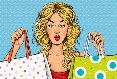 Sanat sarışın kadınlar alışveriş torbaları ile elinde pop. Alışveriş Time.Sale ve indirim zamanı. Siyah Friday.Fashion gün. Pop Art kız. Hollywood film yıldızı. Alışverişkoliğin sarışın kız çanta ile. Mağaza satış.