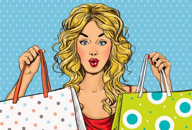 Pop Art blond women with shopping bags in the hands.Shopping Time.Sale and discount time. Black Friday.Fashion days.Pop Art girl.Hollywood movie star.Shopaholic blond girl with bags.Sale in the store.