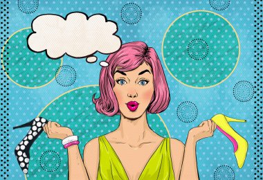 Pop Art kadın elinde ayakkabı ile. Alışveriş Time.Sale ve indirim zamanı. Siyah Friday.Fashion gün. Pop Art kız. Hollywood film yıldızı. Alışverişkoliğin kız çanta ile. Mağaza satış.