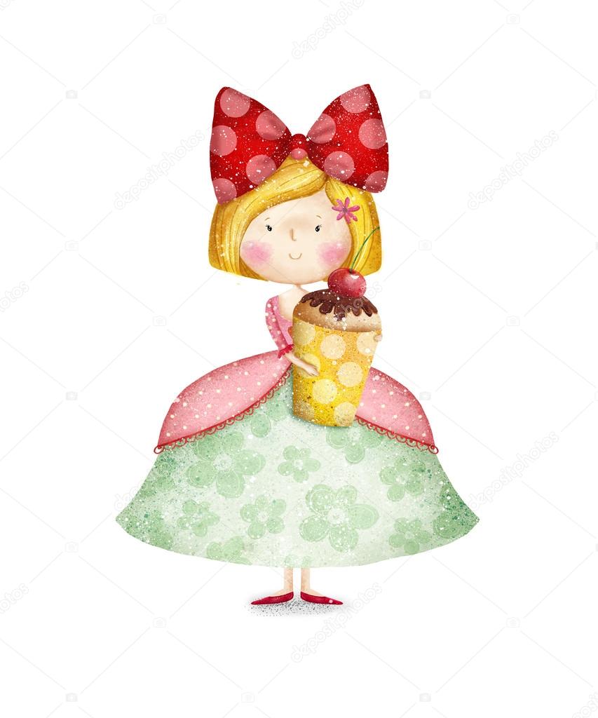 Cute small girl with cupcake Childish card in sweet colors.Little Princess.Birthday greeting card.Tea party invitation.Fairytale princess with cupcake in her arms. Little queen. Invitation for party.