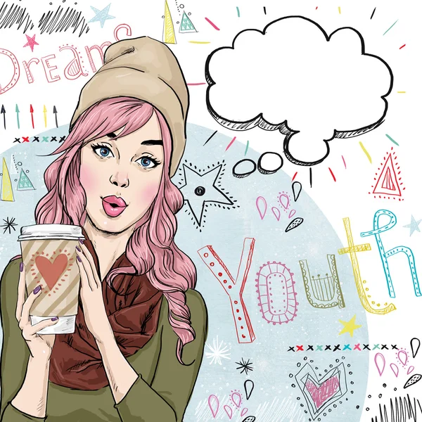 Fashion sketch illustration of girl with coffee cup in the hand with speech bubble. Student girl. Youth.Young girl with thought bubble. Youth style poster. — Stock Photo, Image