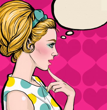 Pop Art Illustration profili konuşma balonu ile sarışın kız. Pop Art kız. Parti Davetiyesi. Doğum günü tebrik kartı. Vintage reklam afişi. Komik kadın konuşma balonu ile. Seksi disko kız.