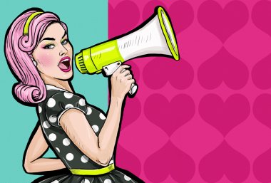 Pop art girl with megaphone. Woman with loudspeaker. Girl announcing discount or sale. Shopping time. Protest, meeting, feminism, woman rights, woman protest, girl power. clipart
