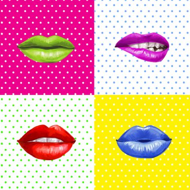 Pop art dudaklar. Dudaklar arka plan. Ruj reklam. Smiley dudaklar. Günaha, aşk, mutlu, şehvet, dudaklarından öp. Dudaklar izole ayarla. Tasarım öğesi. Kırmızı dudaklar. Dudaklar arka plan. Sağlıklı ve beyaz dişler.