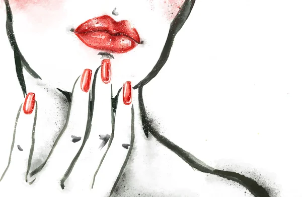 Woman portrait with hand .Abstract watercolor. Fashion illustration. Red lips and nails