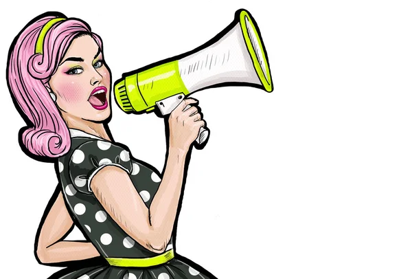 Ragazza pop art con megafono. Donna con altoparlante. Ragazza che annuncia sconto o vendita. Tempo di shopping. Protesta, incontro, femminismo, diritti della donna, protesta femminile, potere femminile . — Foto Stock