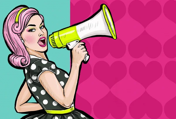 Pop art girl with megaphone. Woman with loudspeaker. Girl announcing discount or sale. Shopping time. Protest, meeting, feminism, woman rights, woman protest, girl power.