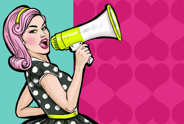 Pop art girl with megaphone. Woman with loudspeaker. Girl announcing discount or sale. Shopping time. Protest, meeting, feminism, woman rights, woman protest, girl power. — Stock Photo, Image