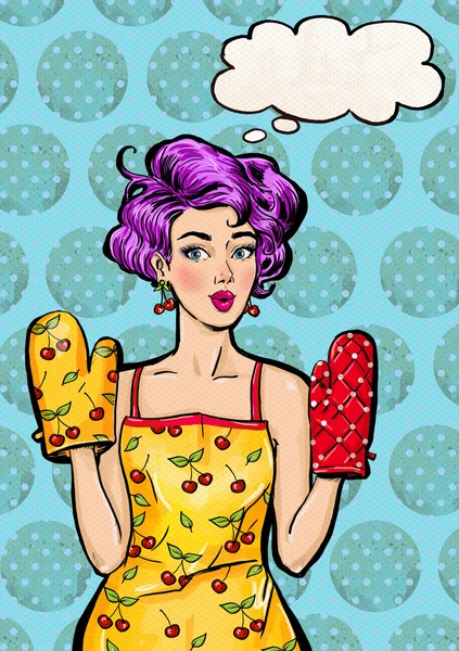 Pop Art ragazza in grembiule e guanti da forno con la bolla discorso. Pop Art ragazza . — Foto Stock