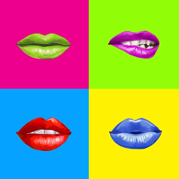 Pop art lips.Lips background. Lipstick advertisement.Smiley lips.Temptation, love, happy, lust,kiss lips. Lips set isolated . Design element. Red lips. Lips background. Healthy and white teeth. — Stock Photo, Image