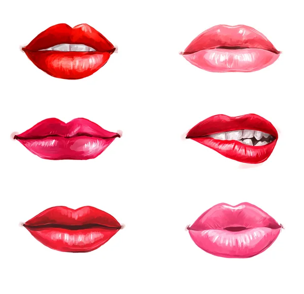 Губи встановлені ізольовані на білому тлі. елемент дизайну. червоні губи. тло лапки. Реклама для губ. Смайлики.Спокуса, кохання, щасливе, пристрасть, губи. Здорові та білі зуби . — стокове фото