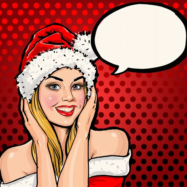 Girl in Santa hat with speech bubble on red background.Christmas Santa hat woman portrait .Smiling happy girl. Blond girl in Santa hat. Christmas party poster. New year party. Christmas postcard. Sexy