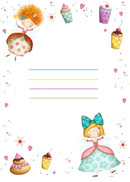 Happy Birthday Invitation.Party invitation.Cute small princesses  with cupcakes  flowers, hearts. Childish card in sweet colors.Little Princess.