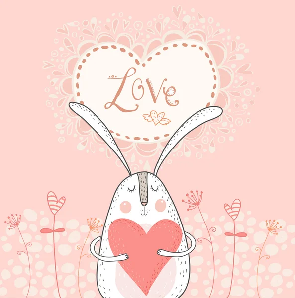 Amor conejito con corazón rojo. Fondo de amor. Conejo enamorado. Conejito de postal de San Valentín con corazón. Tarjeta de San Valentín. Te amo tarjeta . —  Fotos de Stock