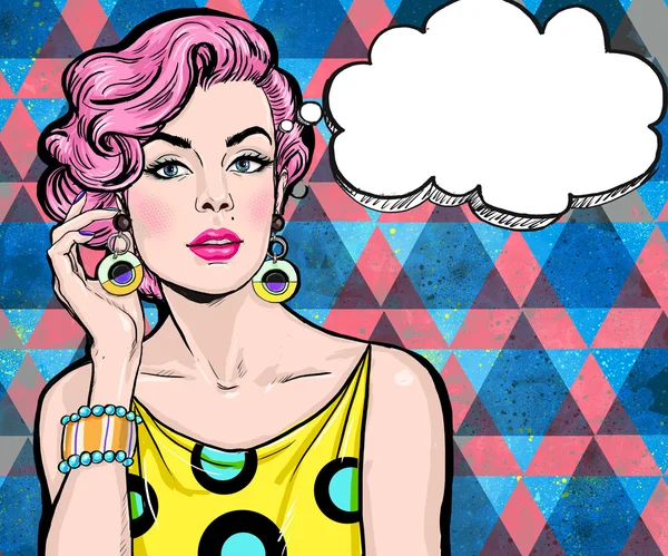 Pop Art illustration of girl with the speech bubble.Pop Art girl. Party invitation. — Stock Image Pop Art illustration of girl with the speech bubble.Pop Art girl. Party invitation. Stock Photo