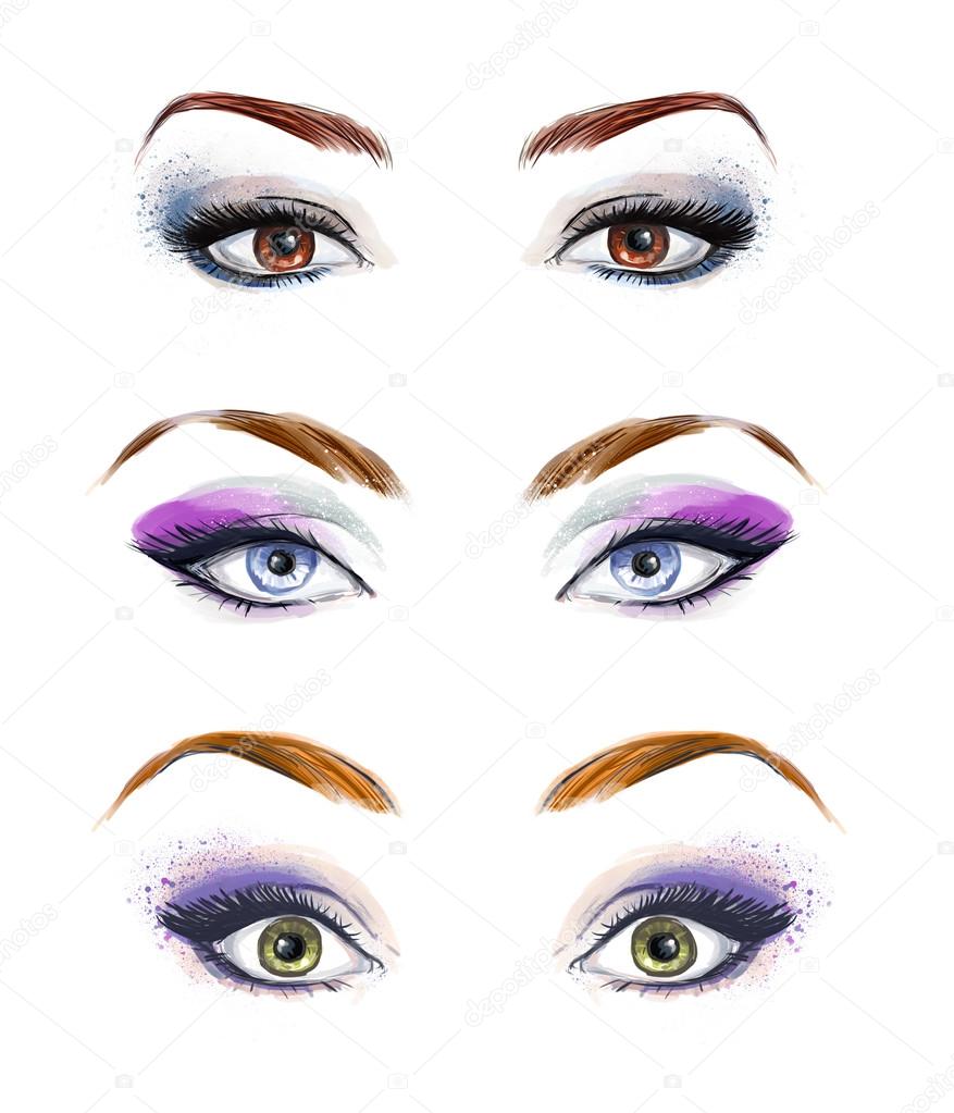 Set di occhi femminili e sopracciglia immagine con splendidamente moda make up Illustrazione di moda