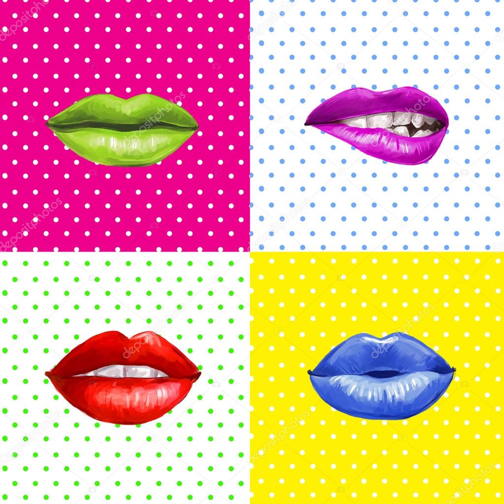 Pop art lips.Lips background. Lipstick advertisement.Smiley lips.Temptation, love, happy, lust,kiss lips. Lips set isolated . Design element. Red lips. Lips background. Healthy and white teeth.