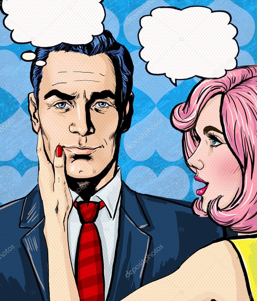 Pop Art couple conversation.Love couple.Pop Art love. Valentines day