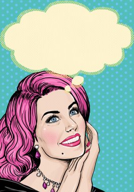 Pop Art Pop sanat arka plan üzerinde pembe kafa kız Illustration. Pop Art kız. Parti Davetiyesi. Doğum günü tebrik kartı. Reklam afişi. Komik kadın. Romantik kız. Düşünme kız. Fantezi düşünceler.