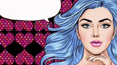 Pop Art konuşma balonu kızla Illustration. Pop Art kız. Parti Davetiyesi. Doğum günü tebrik kartı. Hollywood film star.Comic konuşma balonu kadınla. Seksi kız. Dergi kapağı kız. Süper model