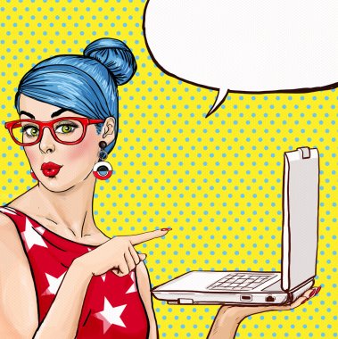 Girl with laptop in the hand in comic style. Woman with notebook . Girl showing the laptop. Girl in glasses. Hipster girl. Sexy blue hair girl with laptop. Digital advertisement. MacBook. Business.