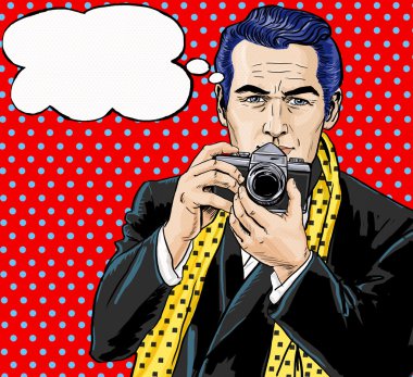 Vintage Pop Art adam konuşma balonu ile fotoğraf makinesi ile. Parti Davetiyesi. Çizgi roman adam. Playboy.Dandy. centilmen kulüp. Paparazzi adam. Moda gazeteci. Fotoğrafçı. Turist ile fotoğraf makinesi.