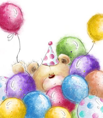 Renkli balonlar ile şirin ayıcık. Ayı ve balonlar ile arka plan. Doğum günü tebrik kartı. Parti Davetiyesi. Parti balonları.