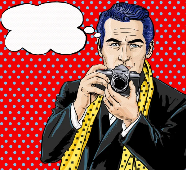 Vintage Pop Art Man met fotocamera en met tekstballon. Uitnodiging voor feestje. Man uit strips. Playboy.Dandy. de Gentleman club. Paparazzi man. Mode journalist. Fotograaf. Toeristische met de camera. — Stockfoto