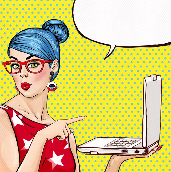 Girl with laptop in the hand in comic style. Woman with notebook . Girl showing the laptop. Girl in glasses. Hipster girl. Sexy blue hair girl with laptop. Digital advertisement. MacBook. Business. — Stock Image Girl with laptop in the hand in comic style. Woman with notebook . Girl showing the laptop. Girl in glasses. Hipster girl. Sexy blue hair girl with laptop. Digital advertisement. MacBook. Business. Stock Image