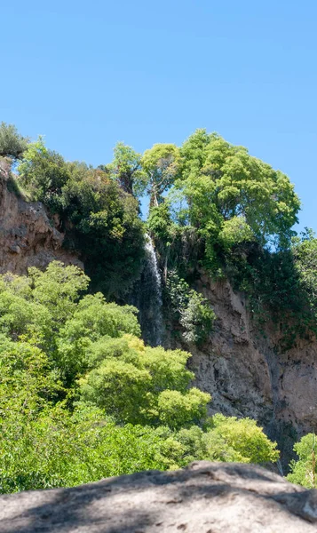 Pequeña cascada entre árboles verdes cielo azul sobre fondo —  Fotos de Stock