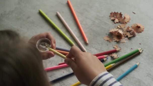 Meisje slijpt gekleurde potloden — Stockvideo