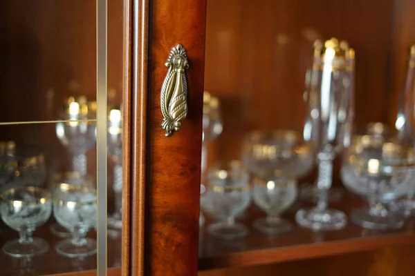 Glass Holiday Tableware Mahogany Cabinet — Stock Photo, Image