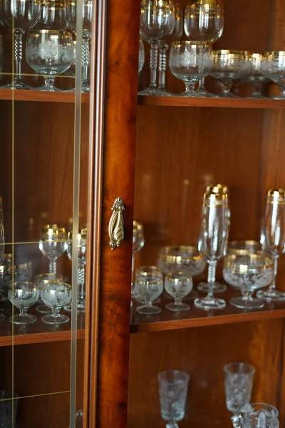 Glass Holiday Tableware Mahogany Cabinet — Stock Photo, Image