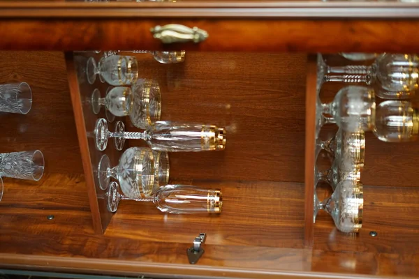 Glass Holiday Tableware Mahogany Cabinet — Stock Photo, Image