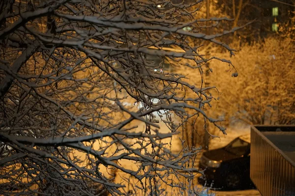 Primera Nieve Las Ventiscas Buenas Noches Diciembre Paisaje Urbano —  Fotos de Stock