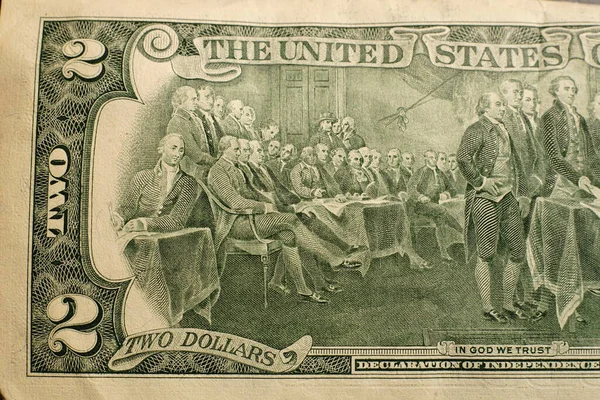 Ένα Χαρτονόμισμα Των Δύο Δολαρίων Κοντινό Πλάνο Σχέδια Στο Ίδιο — Φωτογραφία Αρχείου