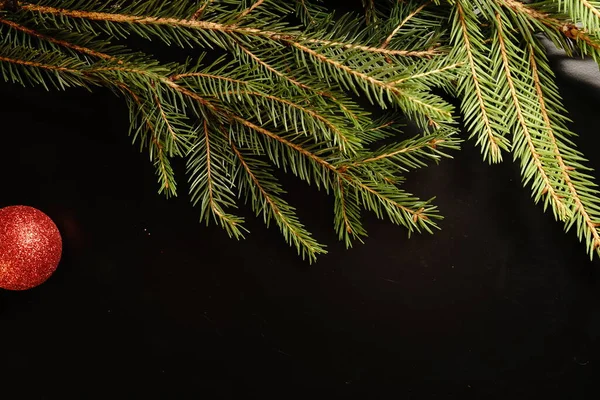 Christmas Tree Branch Black Background Close Dim Lights — Stock Photo, Image