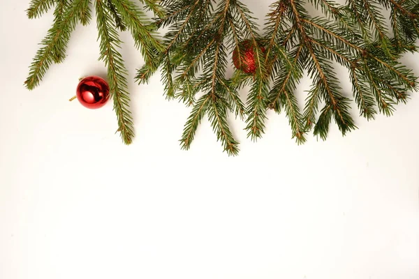 Spruce Branch Red Balls Toy White Background Closeup — Stock Photo, Image