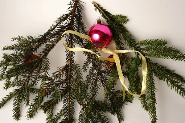 Spruce Branch Christmas Toys White Background Isolate — Stock Photo, Image