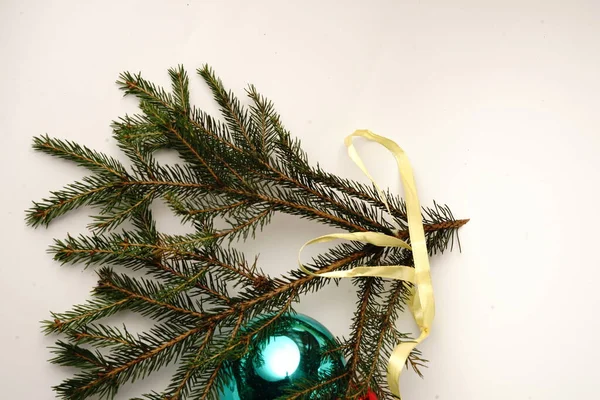 Spruce Branch Christmas Toys White Background Isolate — Stock Photo, Image