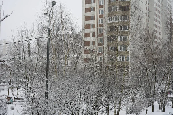 Paisagem urbana de inverno com casas. Vista da janela. — Fotografia de Stock
