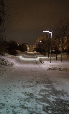 Şehirde kış parkı var. Kar var ve aydınlatma direklerinin ışıkları parlıyor..