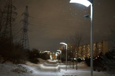 Şehirde kış parkı var. Kar var ve aydınlatma direklerinin ışıkları parlıyor..