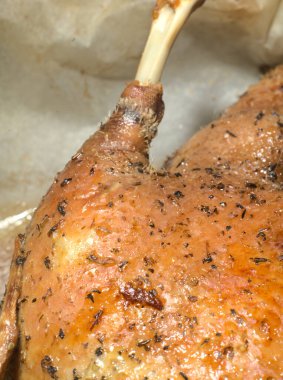 Ördek evde altın renginde pişirildi. Yaklaştın. Dikey enstantane