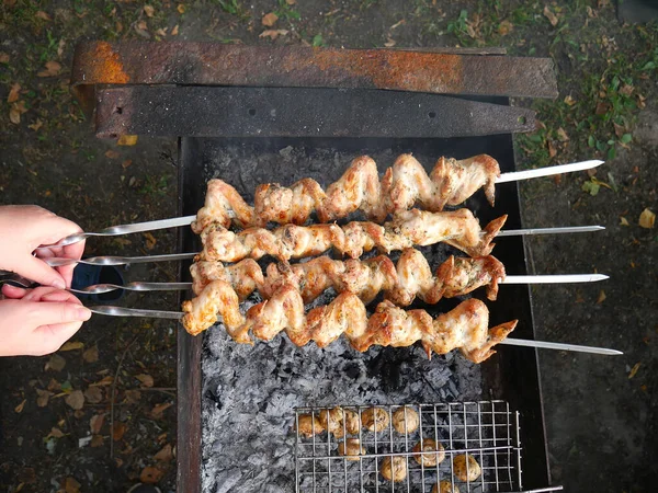 Carne arrosto su carboni. Vista dall'alto. Mani visibili — Foto Stock