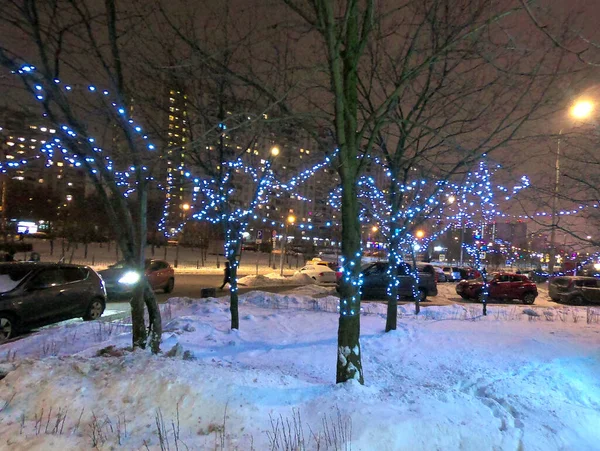 Iluminação em árvores no inverno de férias de Ano Novo — Fotografia de Stock