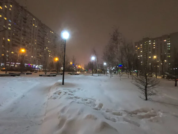 Park at night in winter. Around the snowdrifts and pillars of urban lighting — ストック写真